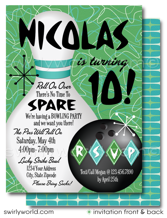 Get ready to bowl your guests over with our Atomic Retro "10 Pin" 1950s Bowling Alley Themed Printed Birthday Party Invitation Set. This design suite captures the essence of the Mid-Century Modern aesthetic, featuring iconic starbursts, sputniks, and boomerang shapes with an image of a bowling ball and pins.