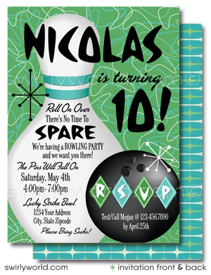 Get ready to bowl your guests over with our Atomic Retro "10 Pin" 1950s Bowling Alley Themed Printed Birthday Party Invitation Set. This design suite captures the essence of the Mid-Century Modern aesthetic, featuring iconic starbursts, sputniks, and boomerang shapes with an image of a bowling ball and pins.