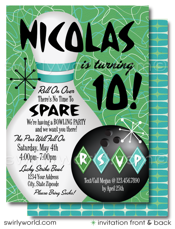 Bowl your guests over with our "10 Pin" Atomic Retro 1950s Bowling Alley Birthday Party Invitation Set! Featuring starbursts, sputniks, and boomerang shapes in green and blue. Includes customizable invites, thank you cards, and envelopes. Perfect for a Mid-Century Modern bowling party. Download & personalize instantly!