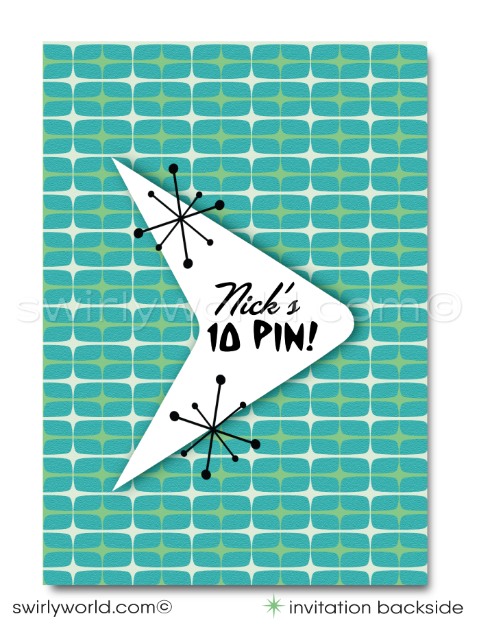 "10 Pin" Atomic 1950s Mid-Century Modern Retro Bowling Birthday Party Invitation Digital Download