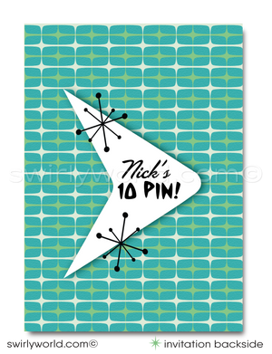 "10 Pin" Atomic 1950s Mid-Century Modern Retro Bowling Birthday Party Invitation Digital Download