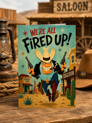 A western-themed greeting card standing upright on a wooden surface, featuring a cartoon cowboy running with two revolvers and the text 'We're All Fired Up!' The card is styled in a saloon setting with a lantern, rope, hat, and wooden saloon sign in the background.