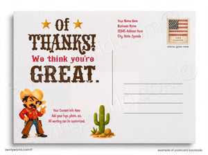 Postcard with cowboy design and text 'Of Thanks! We think you're GREAT.'