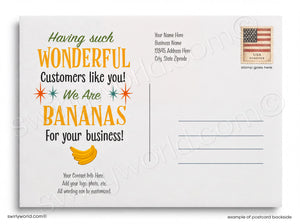 The image is a postcard with a colorful and playful design featuring text and a banana graphic.