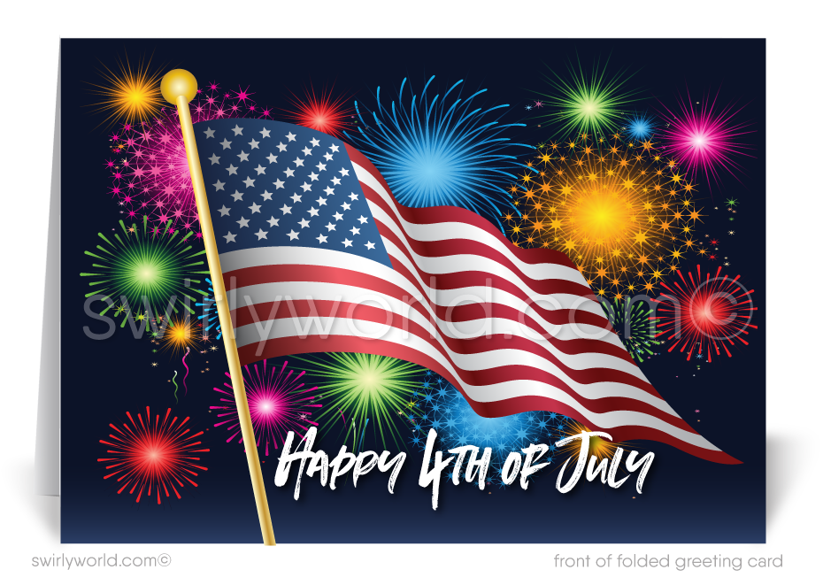  Patriotic American red, white, and blue flag with fireworks celebrating Happy Independence Day; happy 4th of July greeting cards for business.