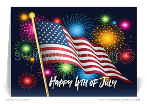  Patriotic American red, white, and blue flag with fireworks celebrating Happy Independence Day; happy 4th of July greeting cards for business.