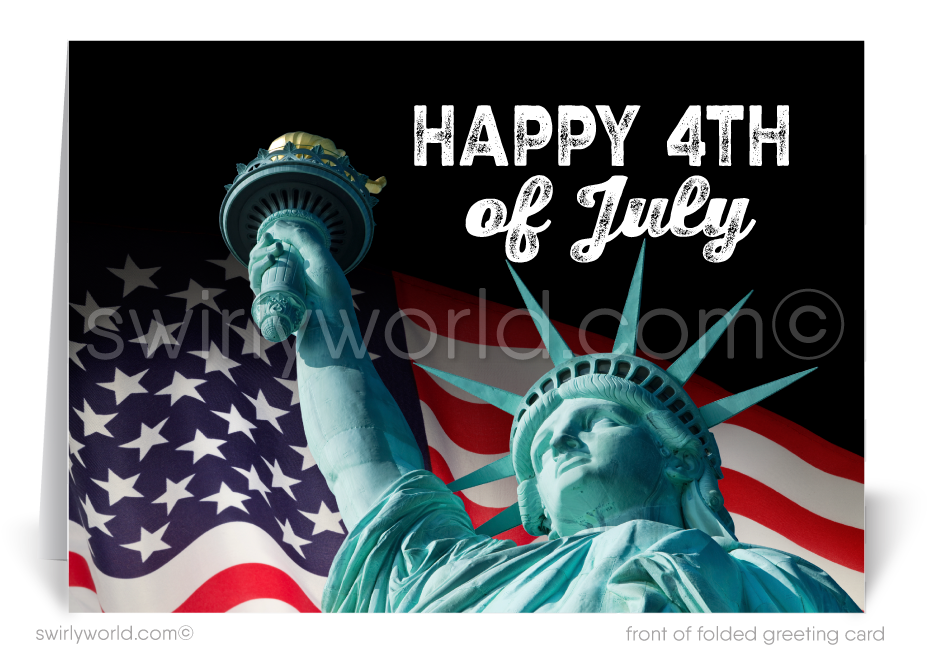 Patriotic American Statue of Liberty red, white, and blue flag celebrating Independence Day; happy 4th of July greeting cards.
