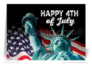 Patriotic American Statue of Liberty red, white, and blue flag celebrating Independence Day; happy 4th of July greeting cards.