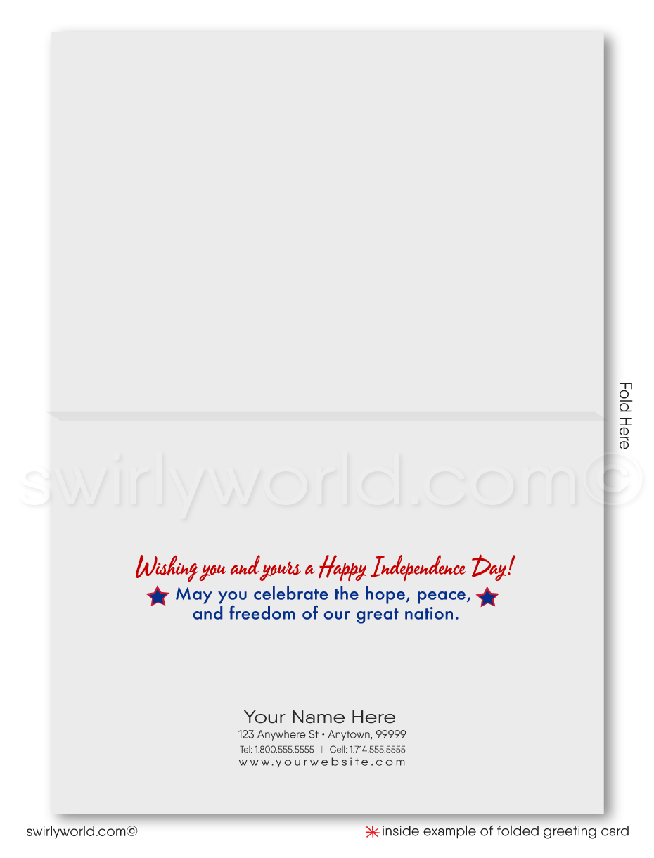 Patriotic American red, white, and blue flag with stars celebrating Happy Independence Day; happy 4th of July greeting cards for business.