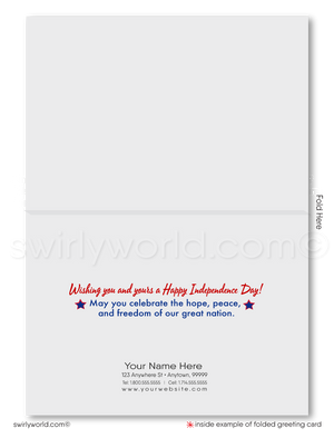 Patriotic American red, white, and blue flag with stars celebrating Happy Independence Day; happy 4th of July greeting cards for business.