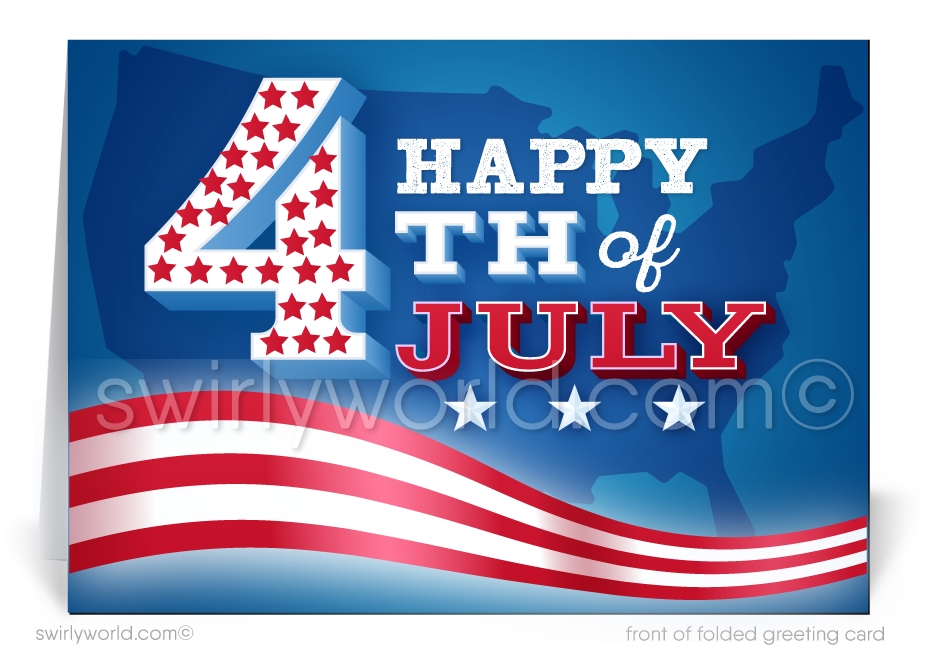 Patriotic American red, white, and blue flag with stars celebrating Happy Independence Day; happy 4th of July greeting cards for business.