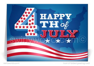 Patriotic American red, white, and blue flag with stars celebrating Happy Independence Day; happy 4th of July greeting cards for business.