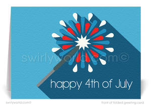 Retro Mod patriotic American red, white, and blue sparkler Happy Independence Day; happy 4th of July greeting cards for business.