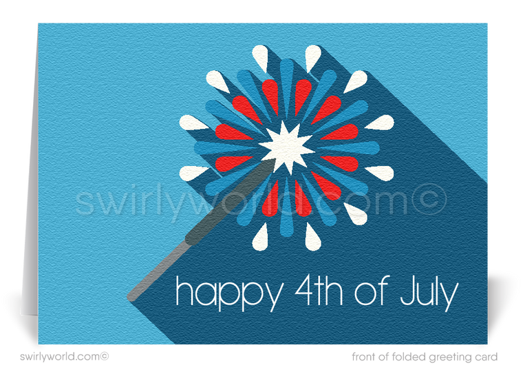 Retro Mod patriotic American red, white, and blue sparkler Happy Independence Day; happy 4th of July greeting cards for business.