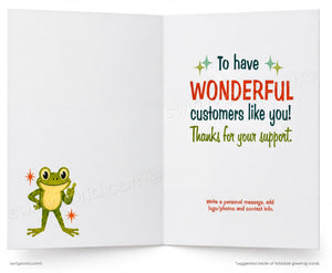 Greeting card with a frog illustration and text on a white background