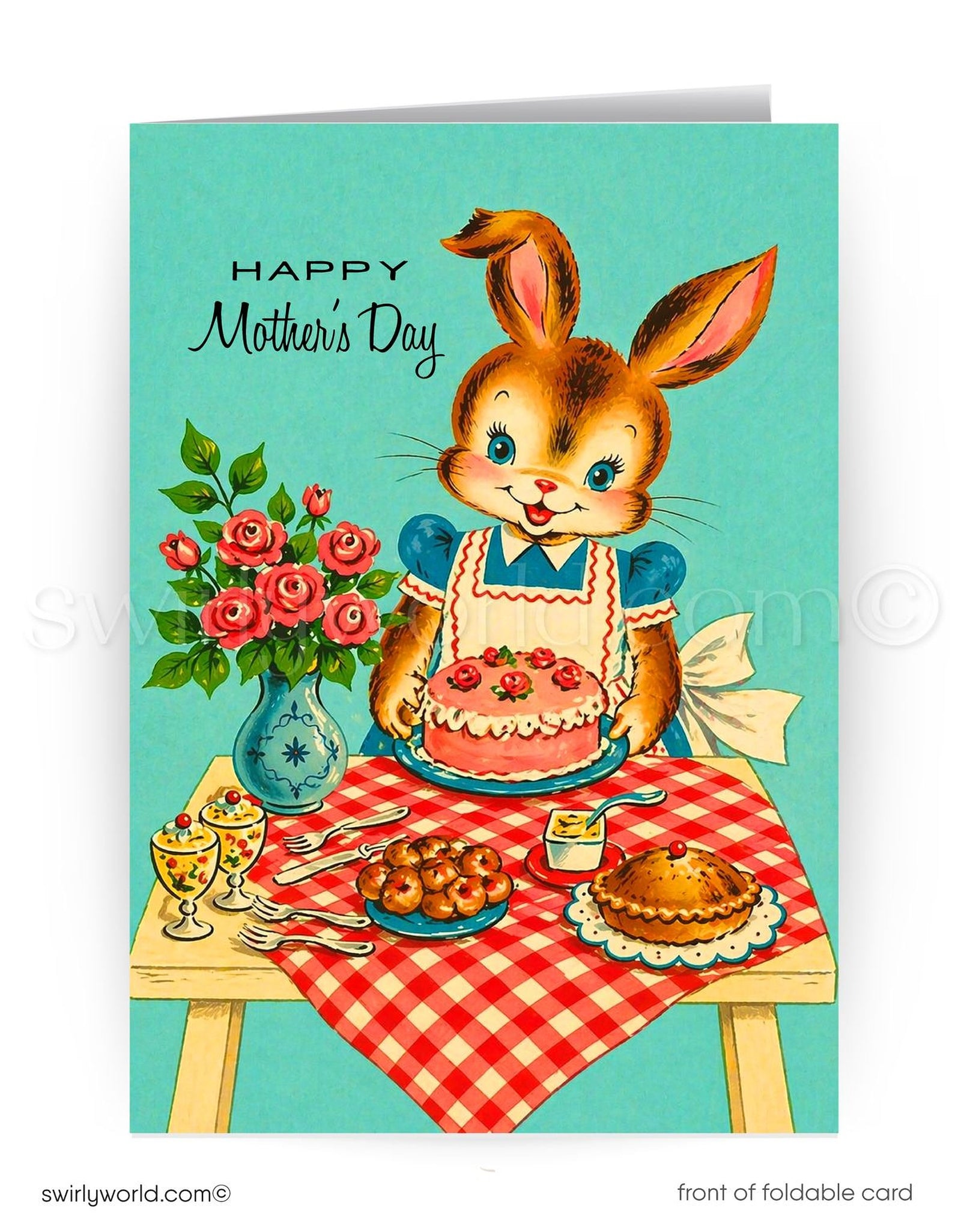 Vintage-style Mother's Day card with a bunny character at a table with food and flowers.