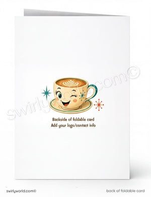 Backside of a foldable card with a cartoon coffee cup design and space for branding.