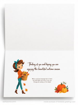 a young girl holding a basket of flowers and surrounded by autumn leaves and pumpkins, with a message expressing thoughts about enjoying the beautiful autumn season.