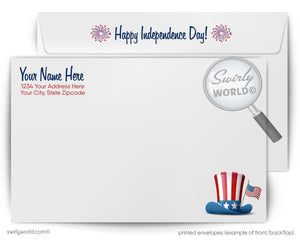 The image is a printed envelope featuring a patriotic design with an American flag and fireworks. The envelope has a front and a back, and it includes a message that reads "Happy Independence Day!" along with a magnifying glass icon. The envelope is addressed to "Your Name Here" and includes an address, suggesting it is a personalized or customized envelope.