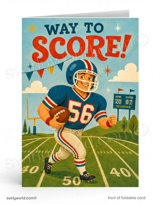 Vintage-style greeting card with a football player and 'Way to Score!' text on a sports field background.