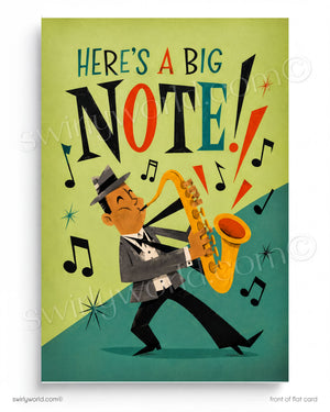 Illustration of a man playing saxophone with musical notes and 'Here's a Big Note!' text on a green and teal background.