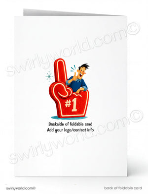 A white foldable greeting card shown front and back. The front features a cartoon person sitting inside a large red foam finger with the text '#1' and placeholder text below reading 'Backside of foldable card' and 'Add your logo/contact info'.
