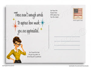 Postcard with vintage-style illustration of a woman and text on a white background