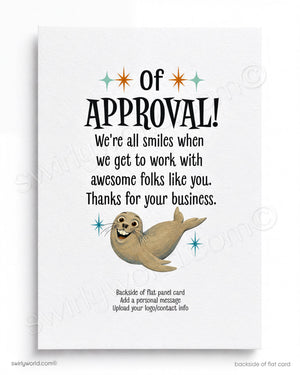 Card with a seal illustration and text about approval and business, on a white background.