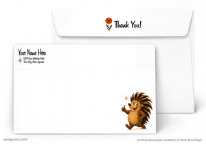Greeting card with cartoon hedgehog and envelope on a white background