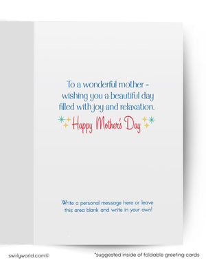 The image is a greeting card with a message for Mother's Day. It features a personal message for a mother, wishing her a beautiful day filled with joy and relaxation. The card is blank, allowing the recipient to write their own message. The card is from "swirlworld.com", suggesting that it is a product from that website.