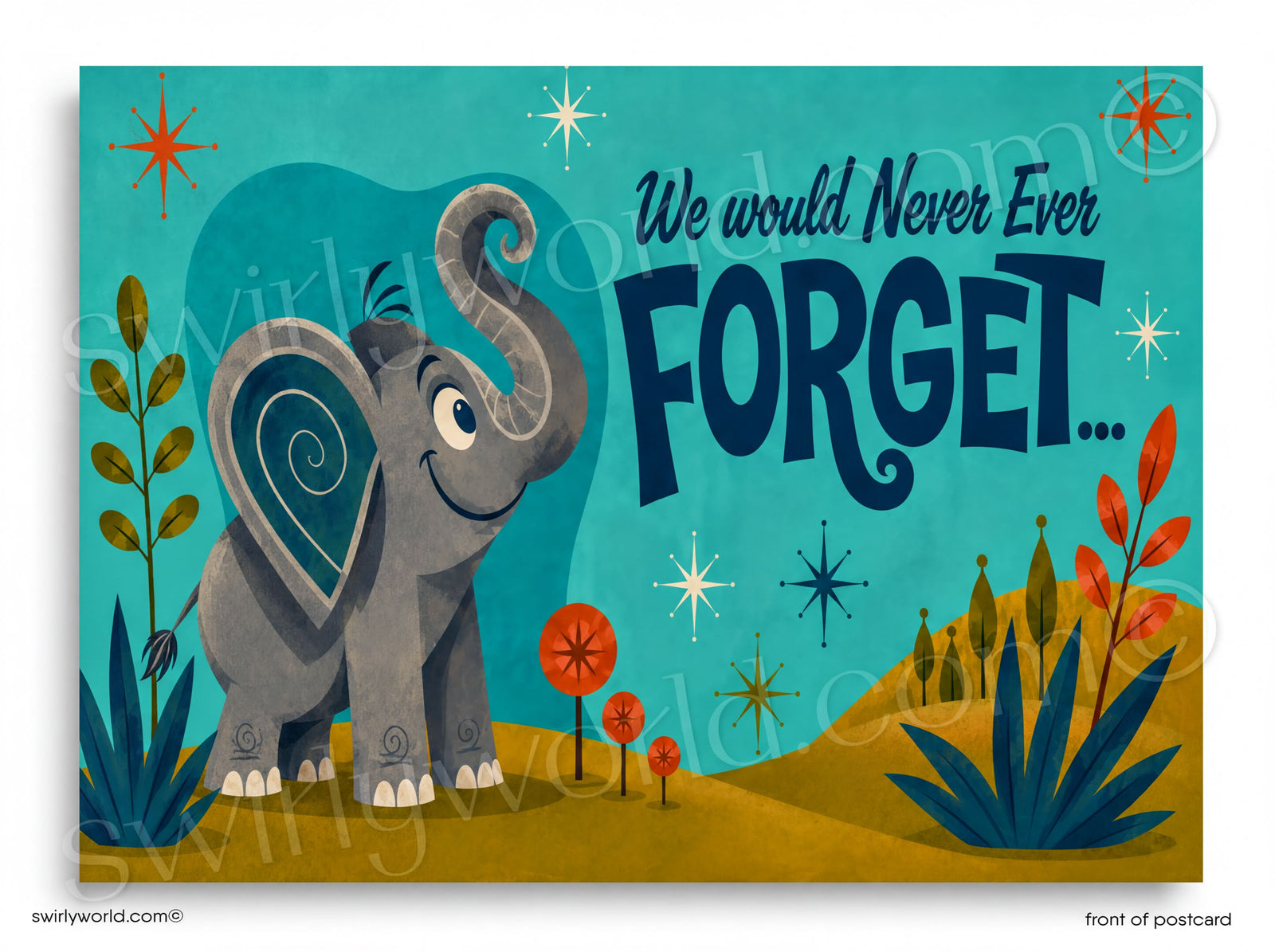A whimsical illustration of an elephant standing on a grassy hill, surrounded by colorful flowers and plants, with a starry sky in the background. The text "We would Never Forget..." is prominently displayed in the image.