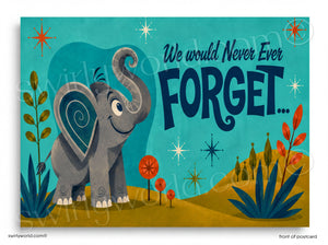A whimsical illustration of an elephant standing on a grassy hill, surrounded by colorful flowers and plants, with a starry sky in the background. The text "We would Never Forget..." is prominently displayed in the image.