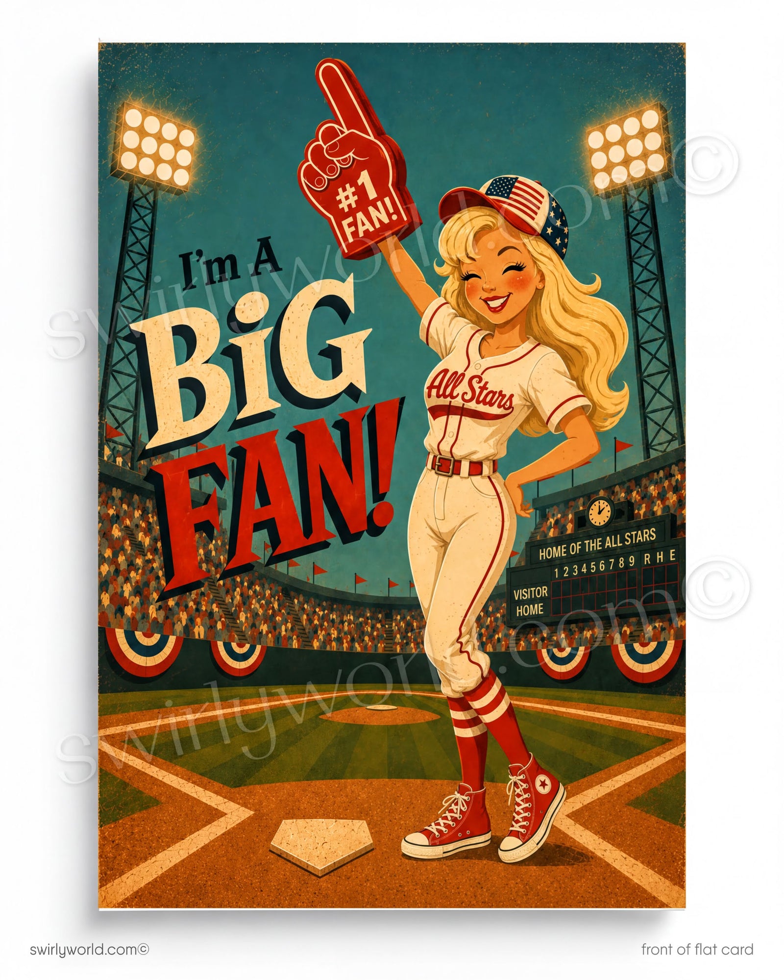 Vintage-style poster of a female baseball fan holding a '#1 Fan!' foam finger with stadium in the background.