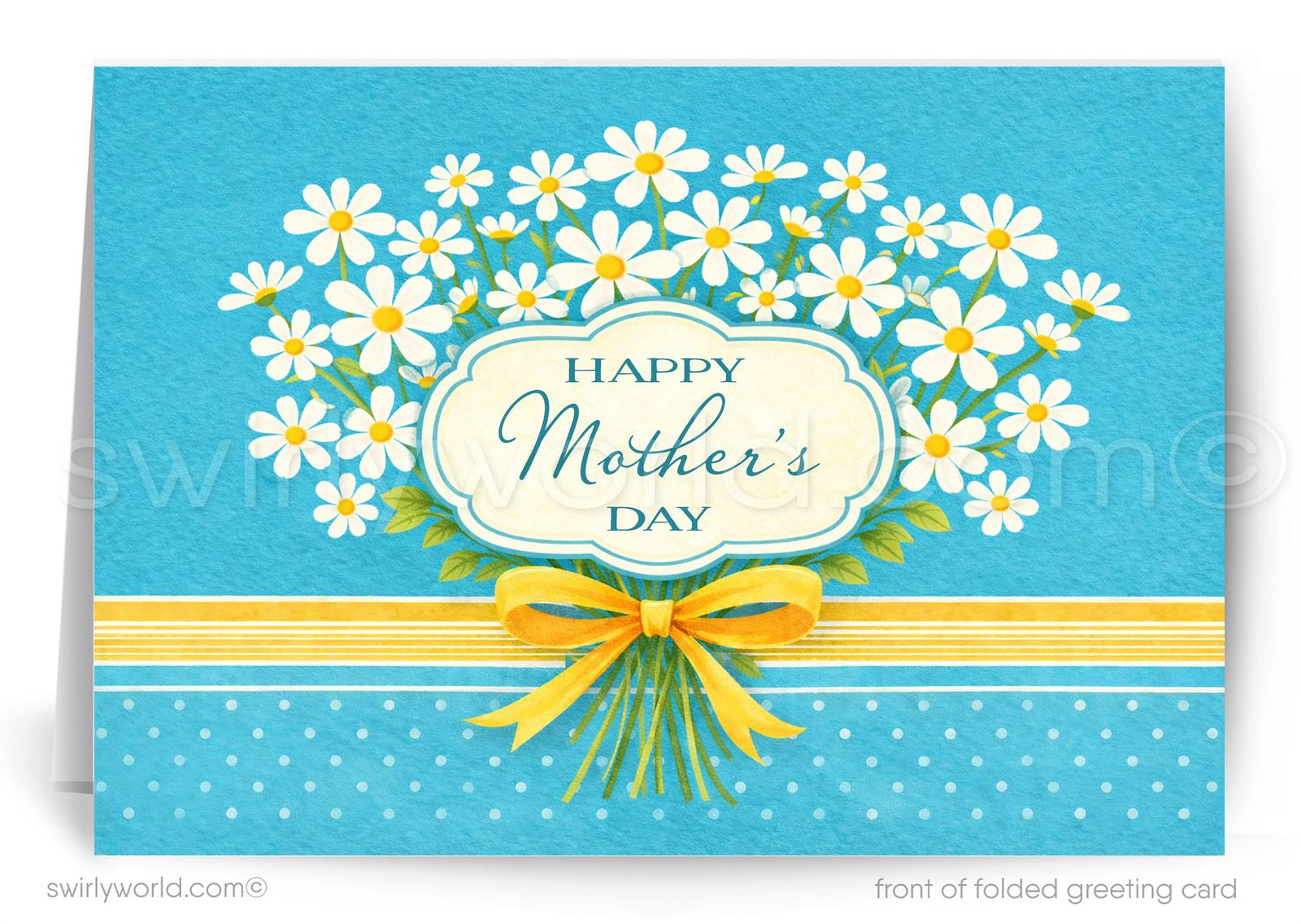 Greeting card with daisies, 'Happy Mother's Day' text, and yellow ribbon on a blue background.