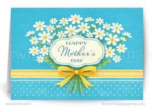 Greeting card with daisies, 'Happy Mother's Day' text, and yellow ribbon on a blue background.