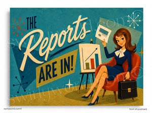Vintage-style illustration of a woman holding a newspaper with 'The Reports Are In!' text.