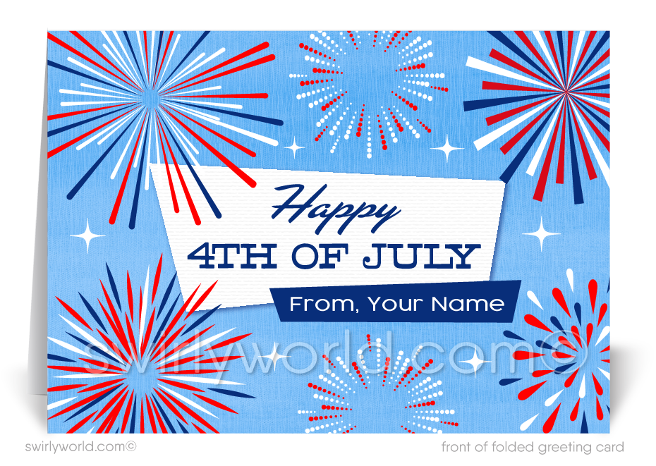 Retro modern Patriotic American red, white, and blue fireworks starbursts celebrating Independence Day; happy 4th of July greeting cards.