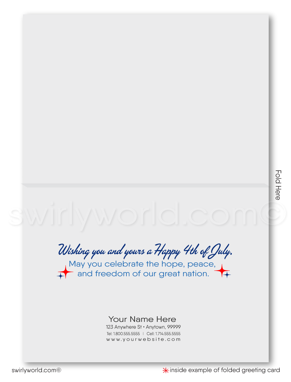 Retro modern Patriotic American red, white, and blue fireworks starbursts celebrating Independence Day; happy 4th of July greeting cards.