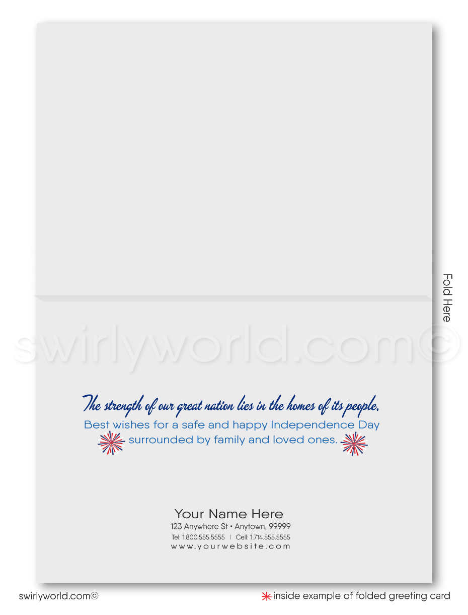 Patriotic American Home with flags and fireworks celebrating Independence Day; happy 4th of July greeting card marketing for Realtors®.