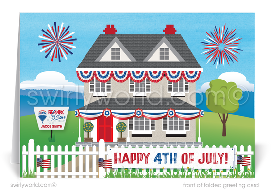 Patriotic American Home with flags and fireworks celebrating Independence Day; happy 4th of July greeting card marketing for Realtors®.
