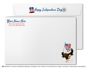 Patriotic American Home with flags and fireworks celebrating Independence Day; happy 4th of July greeting card marketing for Realtors®.