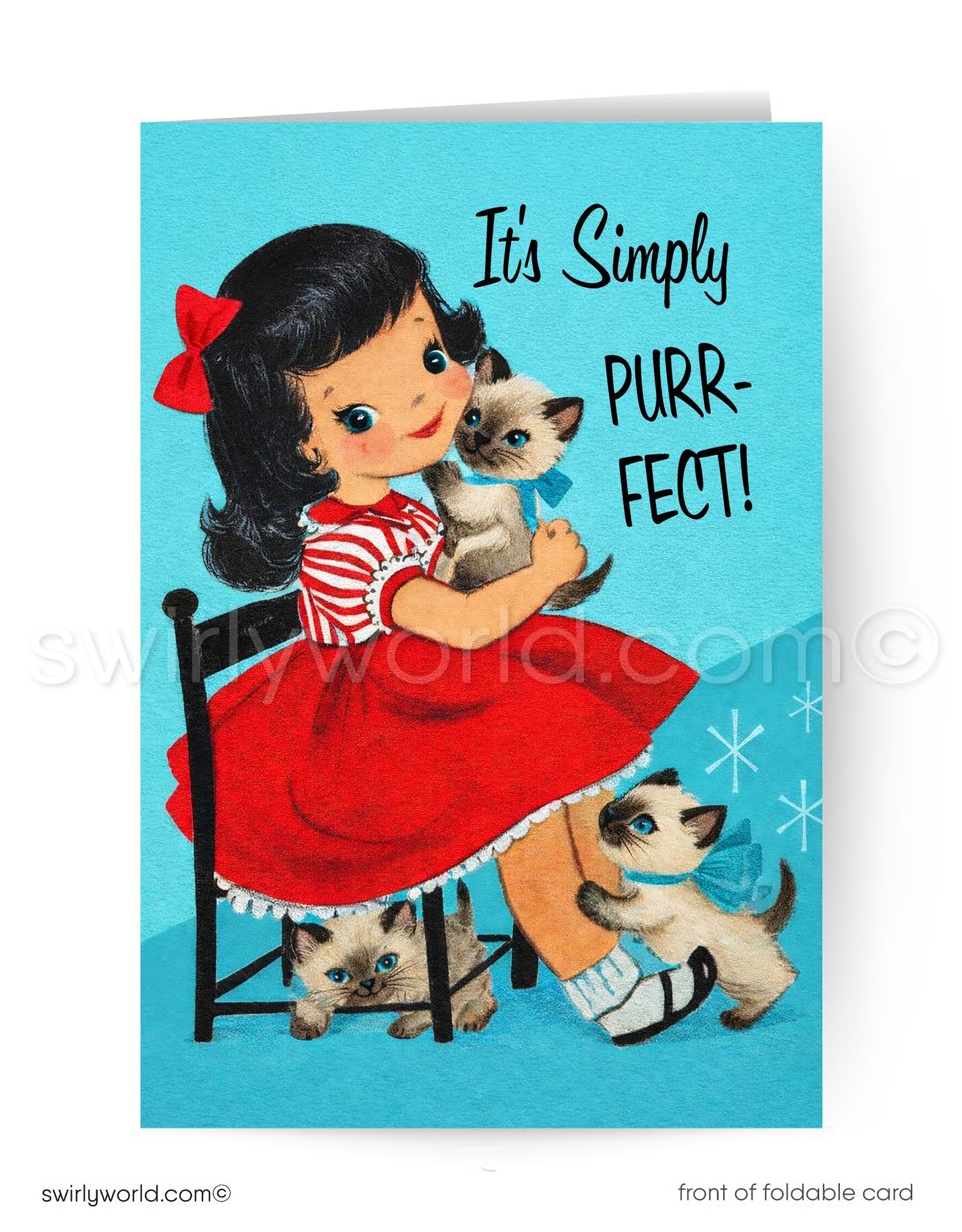 Vintage-style greeting card with a girl holding cats and text 'It's Simply PURR-fect!' on a blue background.