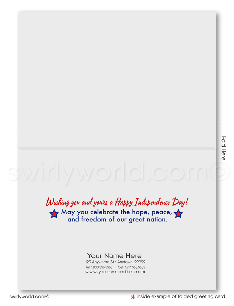 Patriotic American Neighborhood of Houses with fireworks celebrate Independence Day; happy 4th of July greeting card marketing for Realtors®.