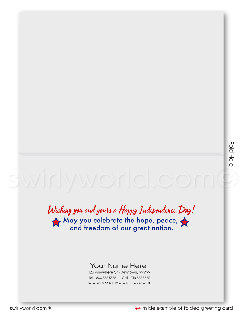 Patriotic American Neighborhood of Houses with fireworks celebrate Independence Day; happy 4th of July greeting card marketing for Realtors®.