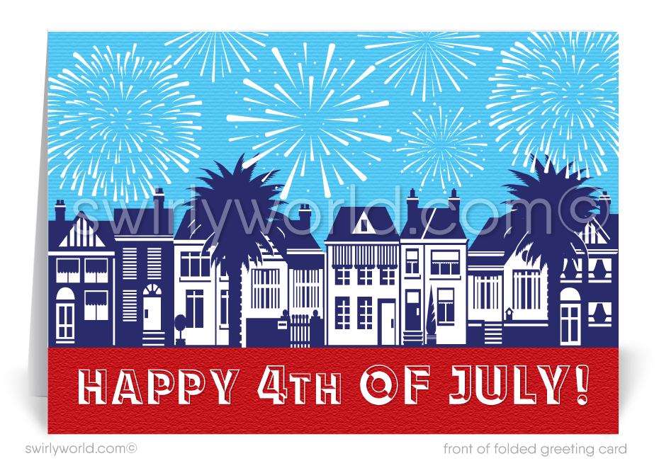 Patriotic American Neighborhood of Houses with fireworks celebrate Independence Day; happy 4th of July greeting card marketing for Realtors®.