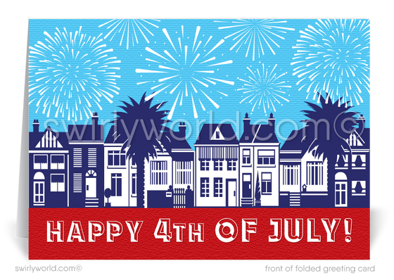 Patriotic American Neighborhood of Houses with fireworks celebrate Independence Day; happy 4th of July greeting card marketing for Realtors®.