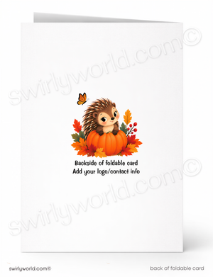 a cute cartoon hedgehog sitting on a pumpkin surrounded by autumn leaves and a butterfly.