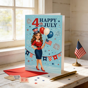 A 4th of July themed greeting card featuring a cartoon illustration of a woman holding balloons and wearing patriotic attire, placed on a wooden surface with a pen, stamps, and a small American flag.