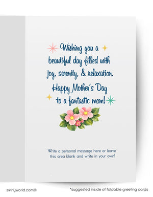 The image is a greeting card with a floral design and a message wishing a beautiful day filled with joy, serenity, and relaxation for a mother on Mother's Day.