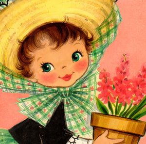 Vintage-style illustration of a girl with a yellow hat and green bow, holding a potted plant.